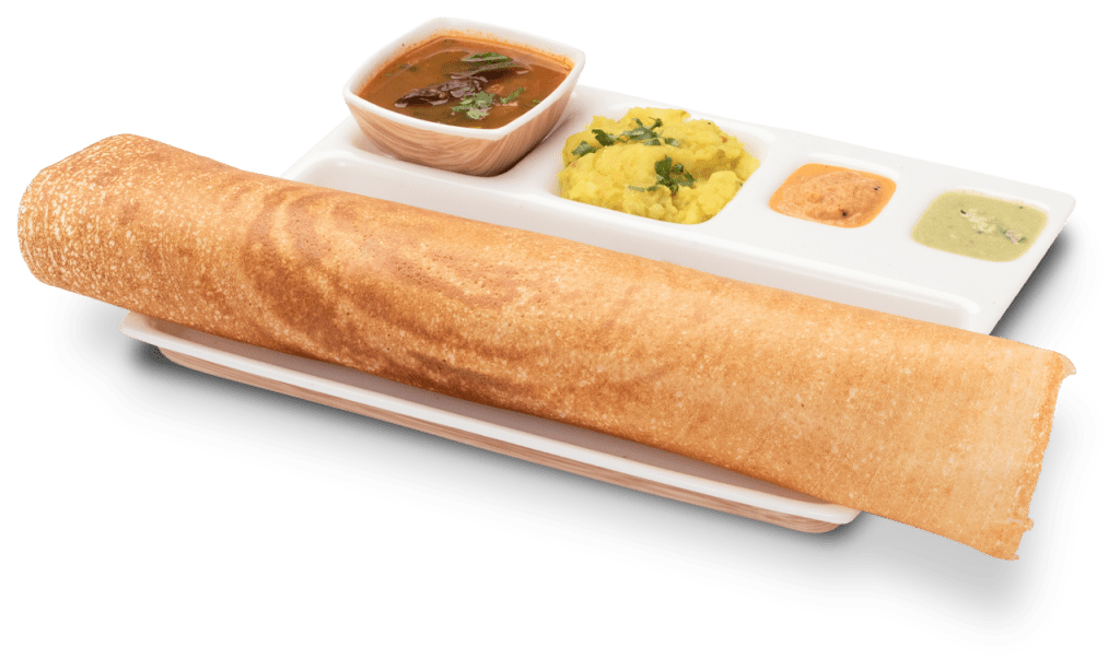 Paper-thin crepe stuffed with spiced potatos served with coconut chutney and sambar