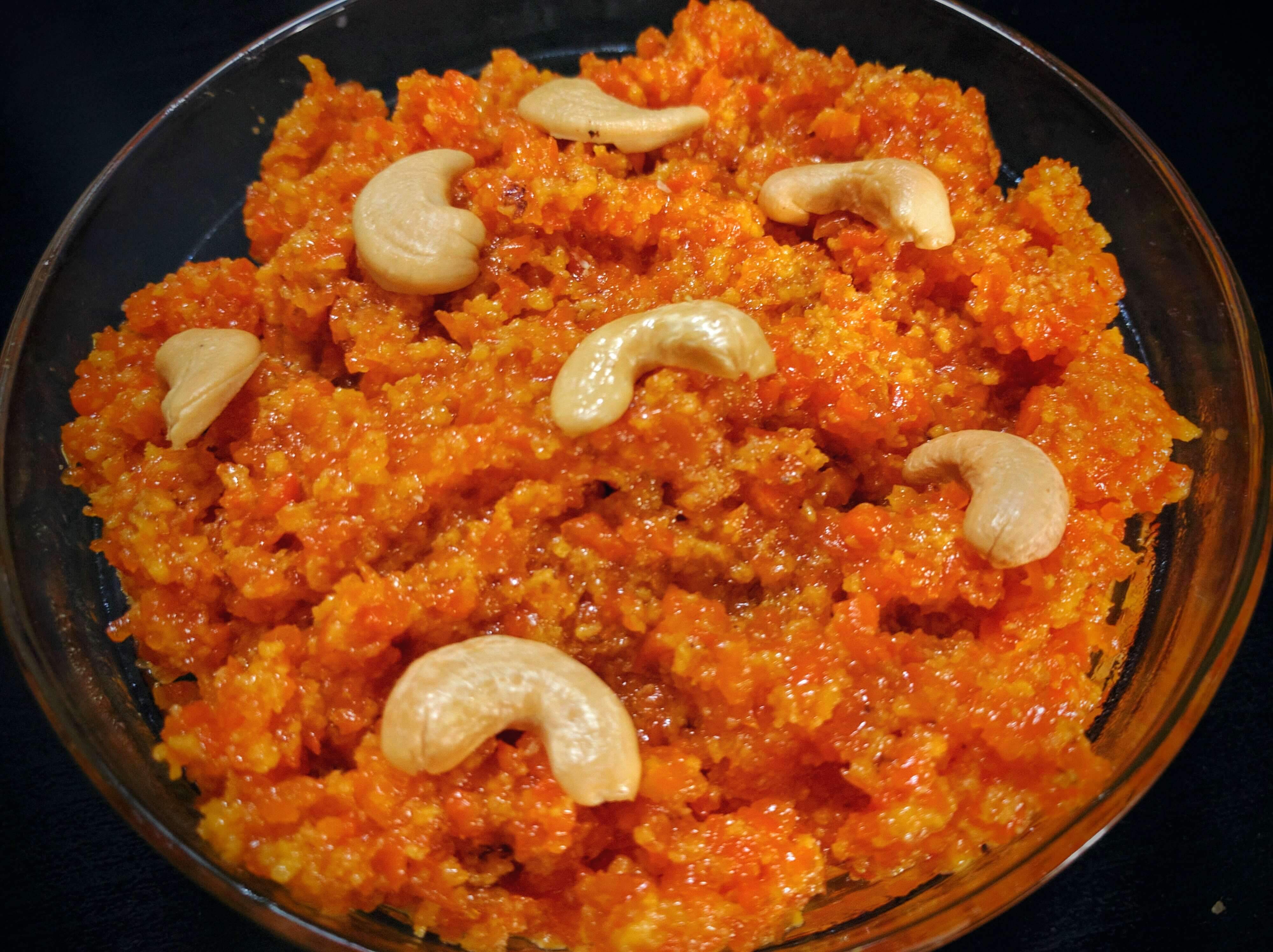 Grated carrots cooked in milk and sugar flavored with cardamom and garnished with raisins & nuts